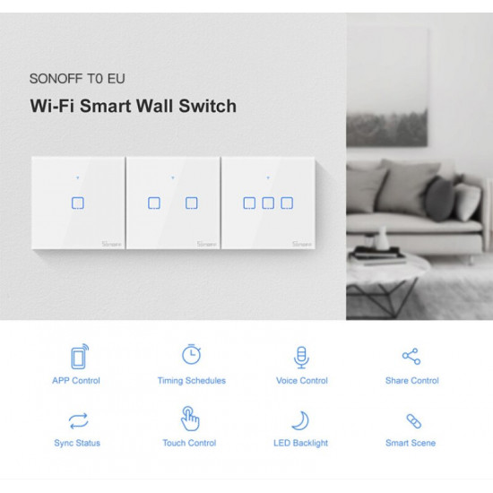 Interrupteur mural tactile sonoff Wifi T0 EU2C compatible Alexa et google home